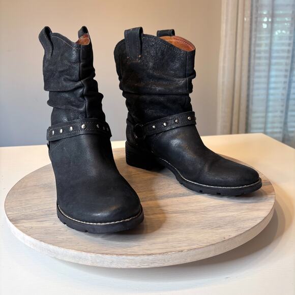 Sofft Black Leather Slouch Harness Boots Ring Stud Detail Women’s US Size 8M - Picture 1 of 10